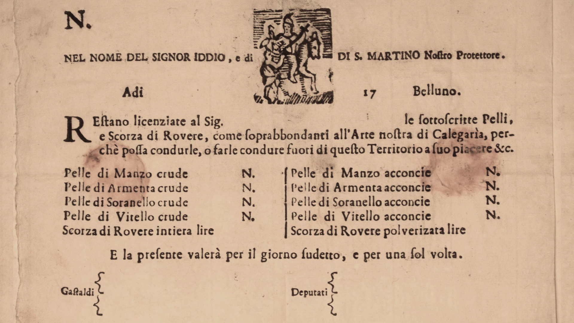 Bollettino prestampato per la consegna e il trasposto di pelli e scorza di rovere - materiale utilizzato per la concia delle pelli e successiva fabbricazione di calzature - recanti l’effige di S. Martino, patrono della corporazione dei calzolai.